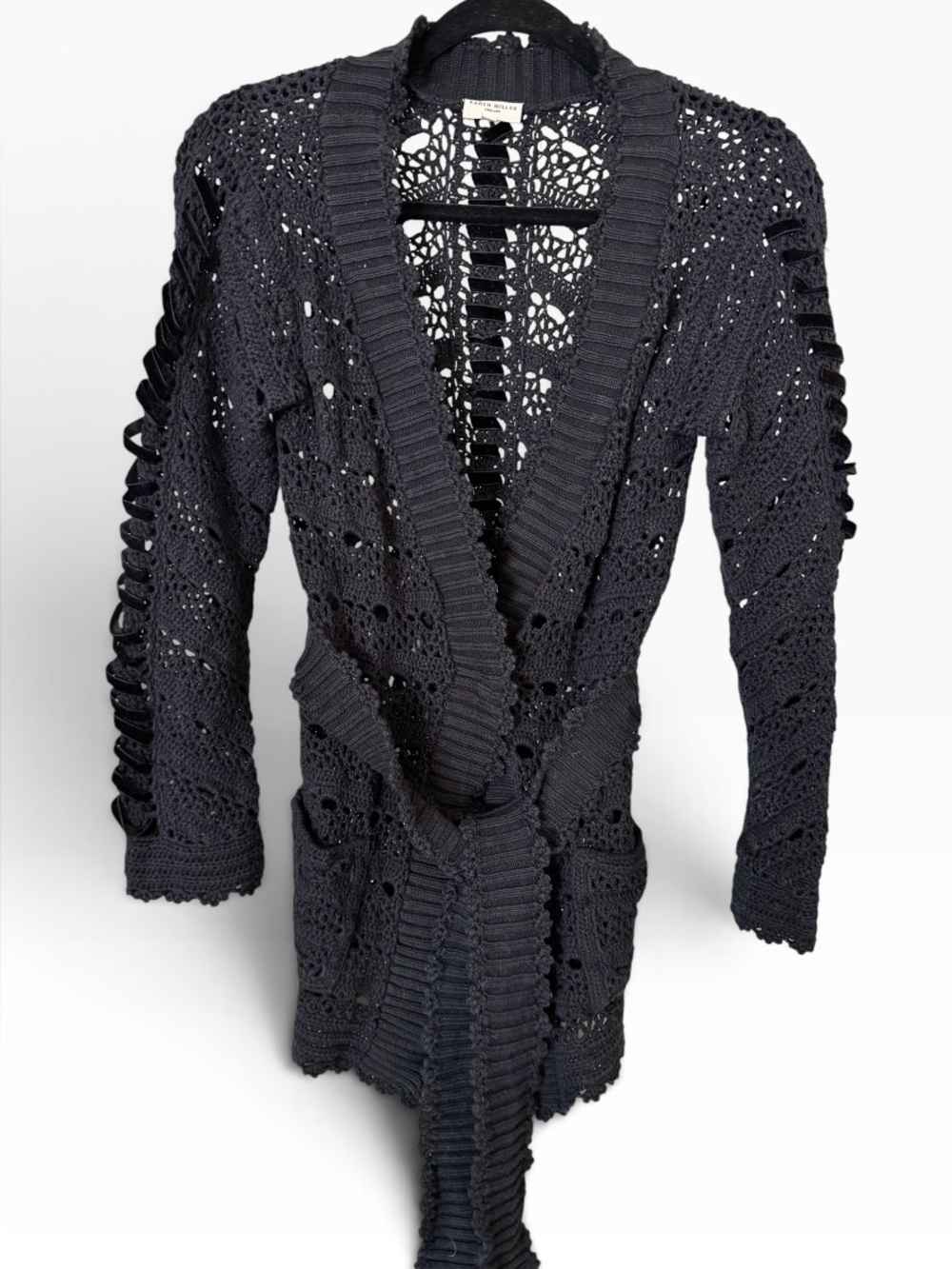 Karen Millen Black Open-Knit Crochet Cardigan with Belt
